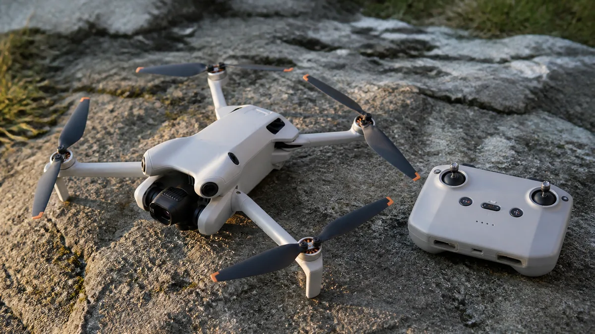 DJI Mini 4 Pro: Аппарат в разложенном виде рядом с пультом управления